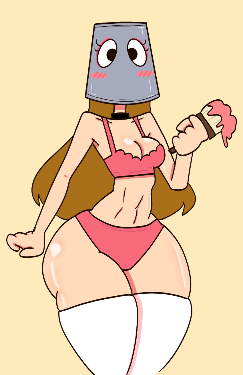 ass big_ass big_breasts blush blush bra breasts bucket bucket_on_head cleavage clothing collar eyelashes eyes headgear headwear hi_res hidden_face highres hips large_ass large_breasts legwear long_hair original original_character paint paintbrush panties pink_bra pink_panties rohanemeritus shoulders simple_background thick_thighs thigh_highs thigh_socks thighhighs thighs underwear upper_body wide_hips