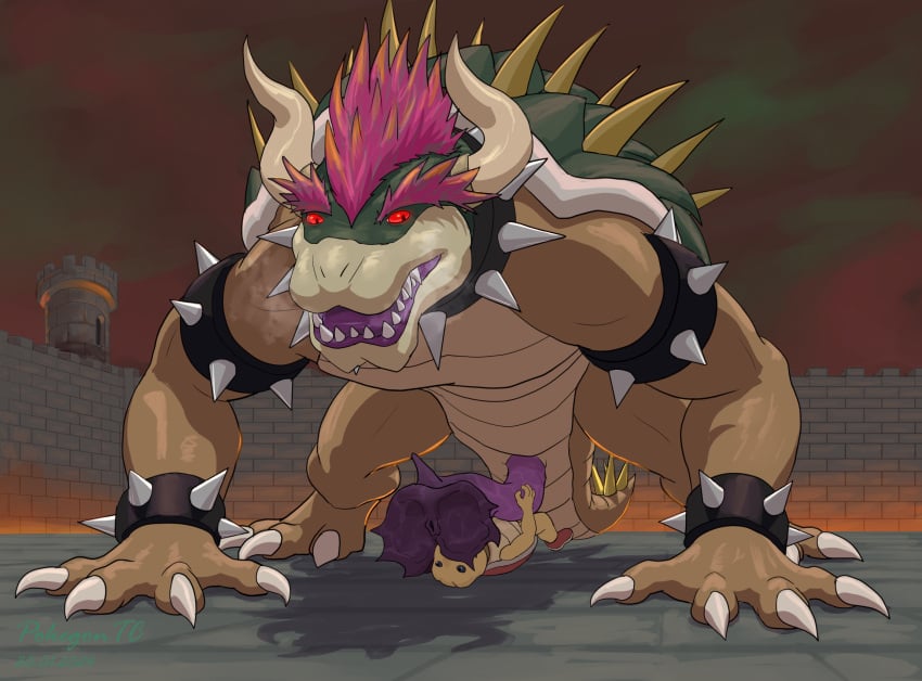 2024 all_fours ambiguous_gender animal_genitalia animal_penis anthro big_penis bowser castle claws cloacal_penis collar digital_media_(artwork) duo erection genitals giga_bowser green_body hi_res horn koopa male male/ambiguous mario_(series) muscular muscular_anthro muscular_male nintendo open_mouth penis penis_on_face pokegontc red_eyes red_koopa_troopa red_shell reptile scalie shell size_difference spiked_collar spikes super_smash_bros. teeth turtle turtle_penis yellow_body yellow_spikes