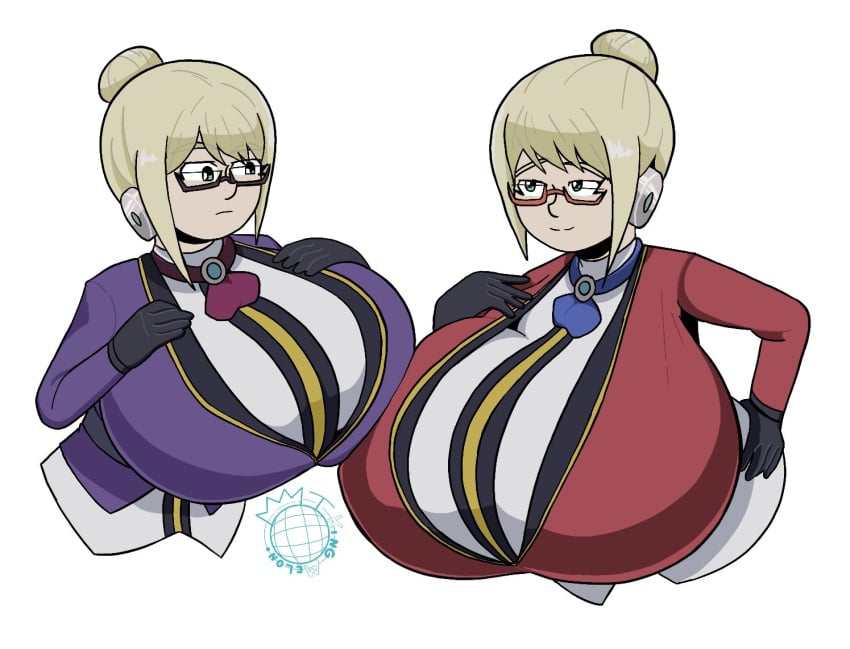 2girls android asymmetrical_docking big_breasts blonde_hair breast_envy breast_press breasts clone glasses green_eyes hair_bun hand_on_hip hands_on_breasts huge_breasts kingmelon large_breasts last_period multiple_girls smile smug sonya_(last_period)