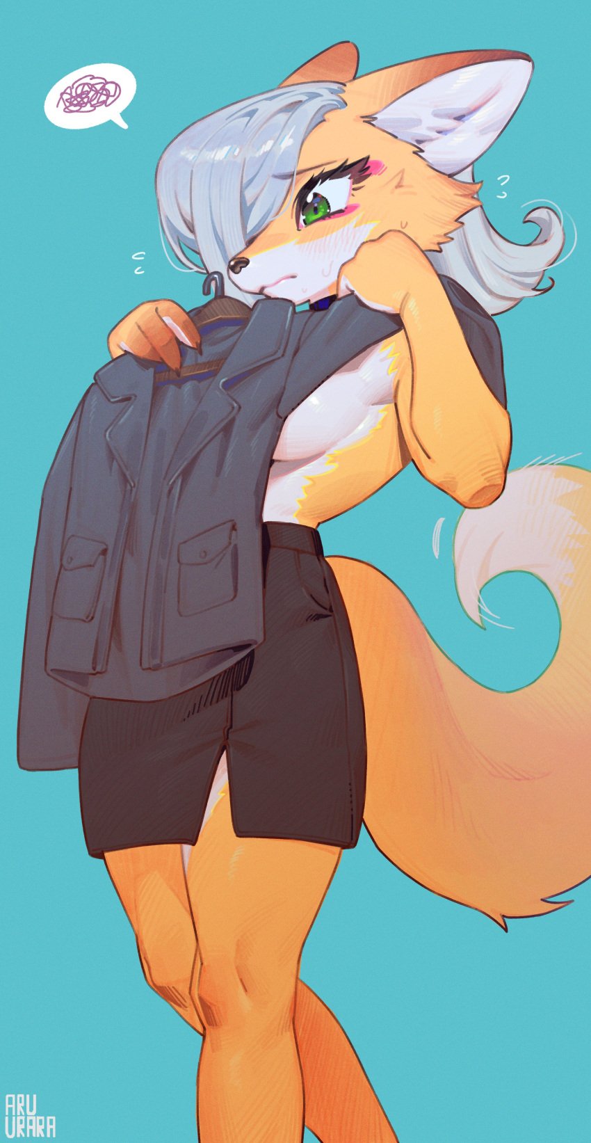 1girls 2024 aruurara big_breasts blue_hair blush blush_lines breasts canine claws cream_fur eyelashes female female_only fox fox_ears fox_girl fox_tail furry furry_only green_eyes inner_ear_fluff orange_body orange_fur signature simple_background skirt sweat sweatdrop tail