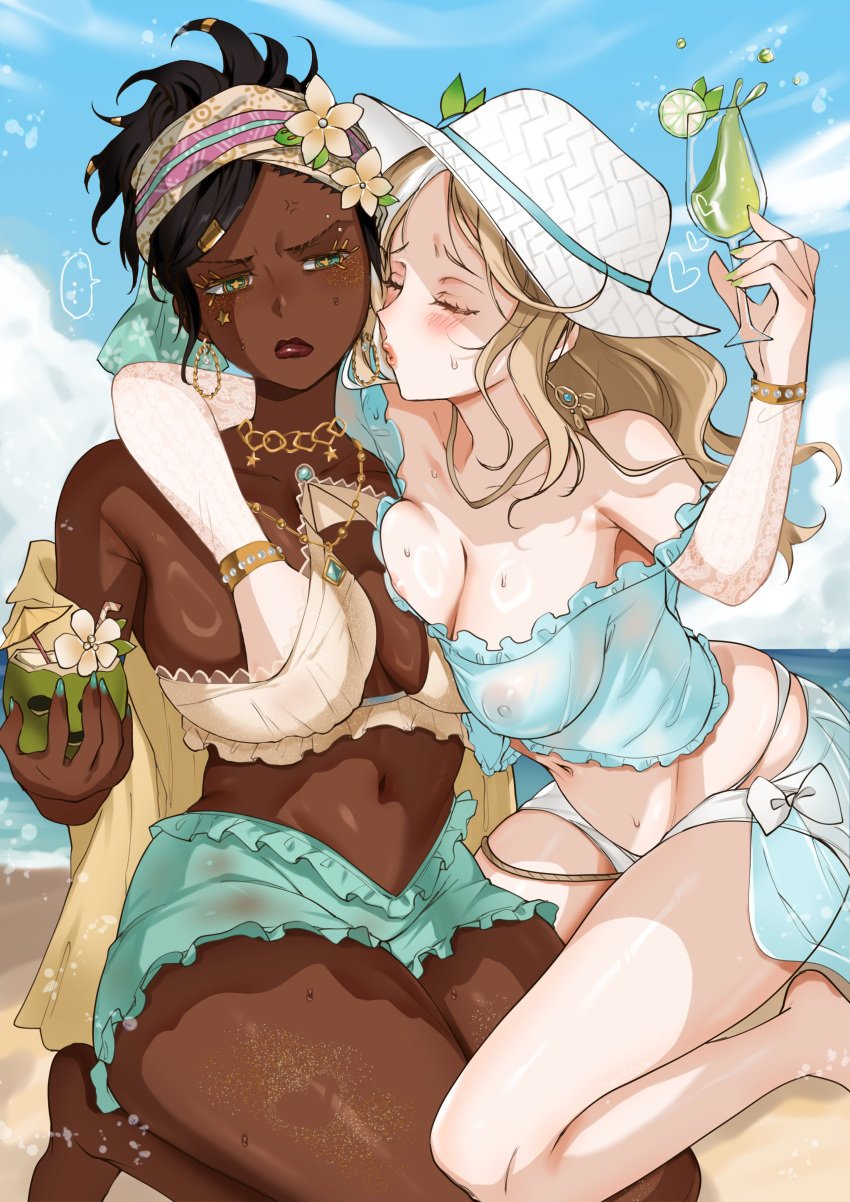 2girls absurd_res areolae big_breasts black_hair blonde_hair blush breast_grab breasts cleavage closed_eyes dark-skinned_female dark_skin demi_bourbon drink female glass green_eyes hahi_hos halter_top halterneck hat identity_v kneeling light-skinned_female light_skin lipstick long_hair navel nipples patricia_dorval see-through short_hair shorts sky sweat yuri