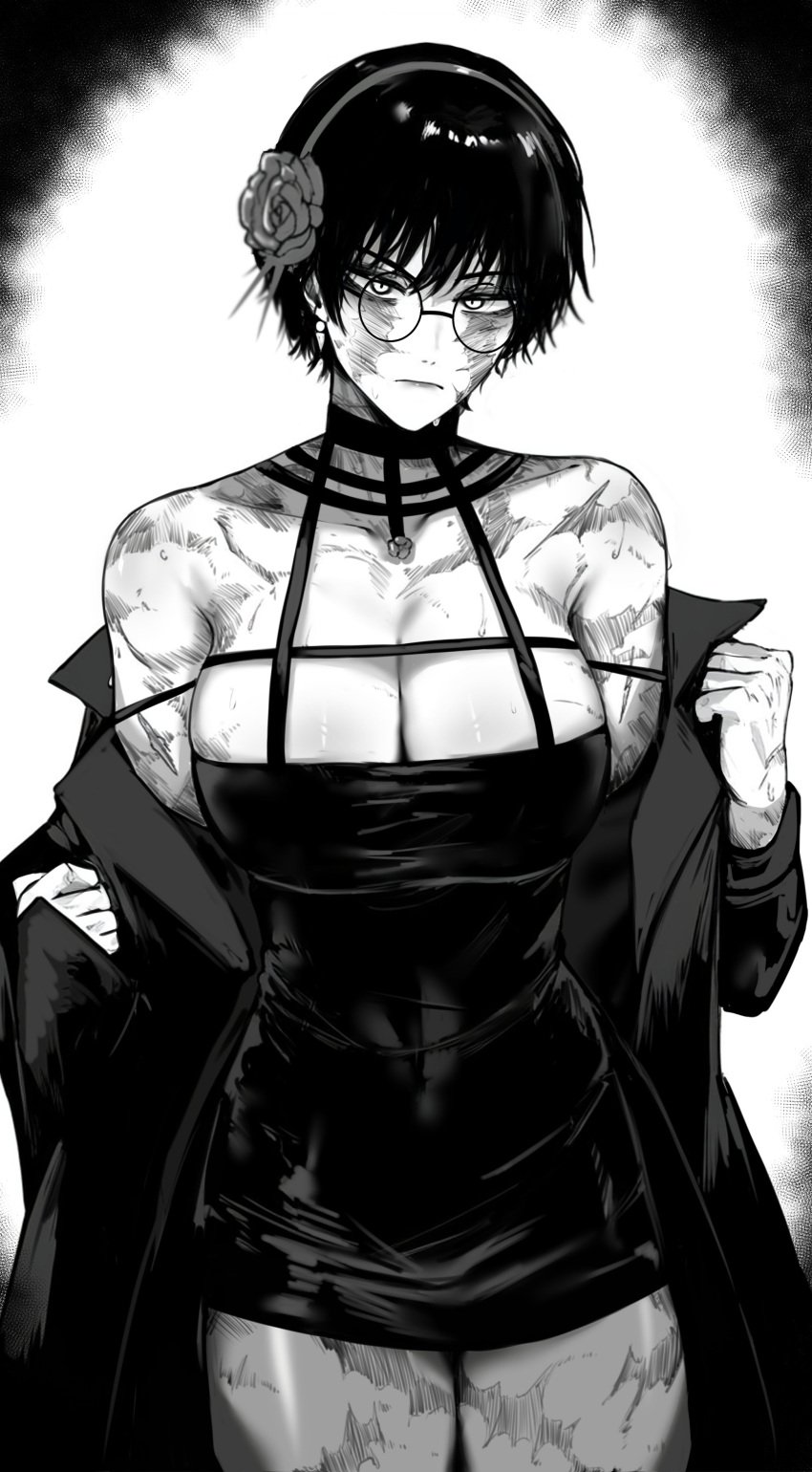 1girls bare_shoulders big_breasts breasts burn_scar burns busty cleavage company_connection cosplay female female_only flower_in_hair glasses huge_breasts jujutsu_kaisen large_breasts masoq095 monochrome scar scarred scars scars_all_over short_hair shounen_jump shueisha slim_waist spy_x_family tagme thick_thighs thighs thorn_princess tomboy yor_briar_(cosplay) zenin_maki