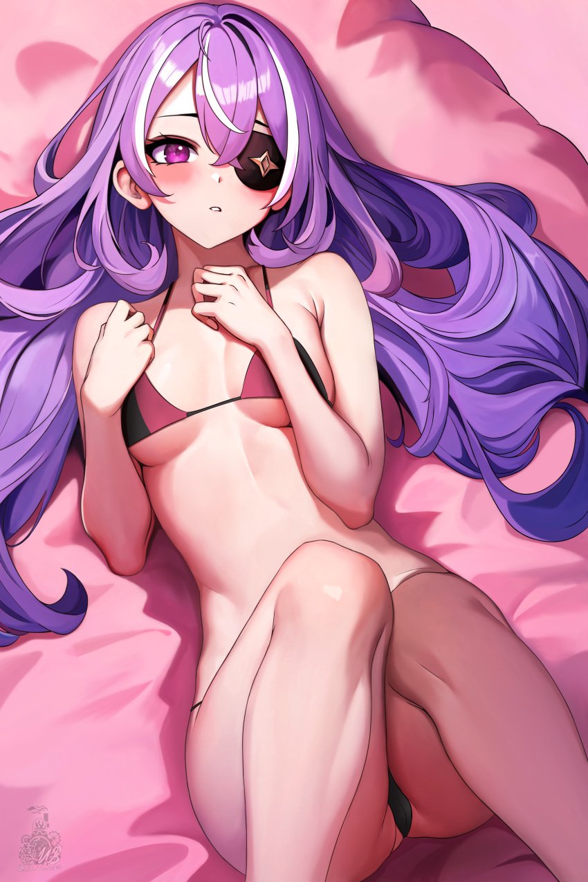 armpits bare_shoulders bikini blush blushing_at_viewer chevreuse_(genshin_impact) eyepatch genshin_impact hoyoverse imminent_sex knees_up laying_down laying_on_bed long_hair mihoyo pants petite petite_body petite_female purple_eyes purple_hair seducing seduction seductive seductive_body seductive_eyes seductive_gaze seductive_look seductive_pose slim slim_girl solo_female unstableboiler white_hair