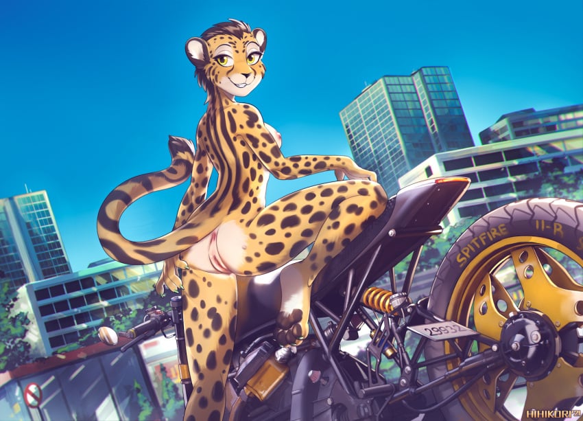 2021 4_toes 5_fingers anthro breasts cheetah day detailed_background digital_media_(artwork) eyebrows eyelashes feet felid feline female fingers hihikori king_cheetah mammal nude outside sky smile toes yellow_eyes