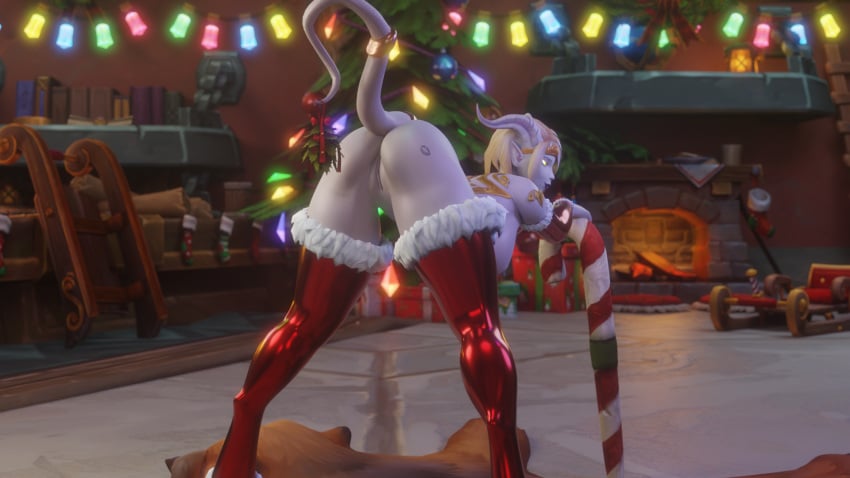 bent_over blonde_hair candy_cane celne christmas draenei draenei_female horns lightforged_draenei mistletoe morilymory tail warcraft white_skin world_of_warcraft