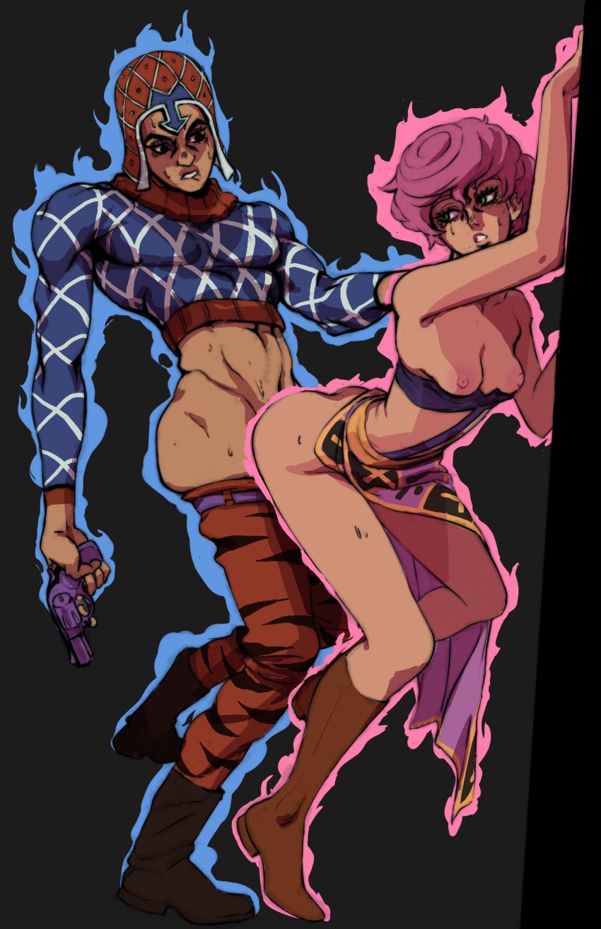 1boy1girl 2020 against_wall bigbossrequiem biting_lip boots breasts color colored couple dress green_eyes guido_mista gun hand_on_shoulder hat high_resolution highres jojo's_bizarre_adventure nipples pants pants_down penetration pink_hair pink_hair_female sensual sex shirt small_breasts standing standing_doggy_style standing_sex teenager textless trish_una vento_aureo white_skin