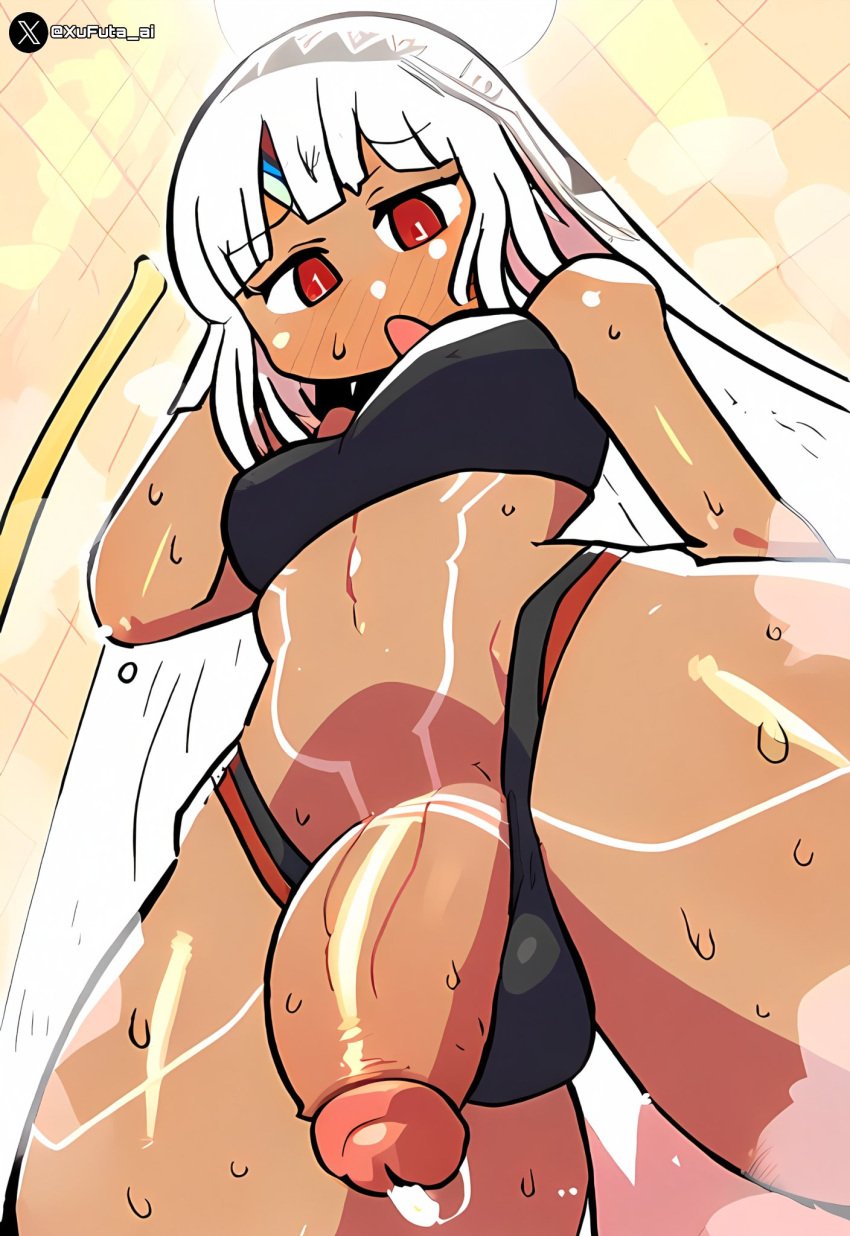 1futa ai_generated altera_(fate) big_penis black_skin blush bra breasts clothed clothing dark-skinned_futanari dark_skin dickgirl fate/grand_order fate_(series) flashing futa_only futanari human long_hair low-angle_view open_mouth partially_clothed penis penis_out_of_underwear penis_slip red_eyes shower showering solo solo_futa standing surprised tattoo white_hair xufuta_ai