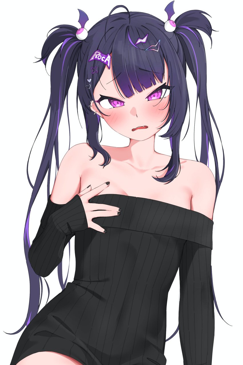 1girls bare_shoulders black_hair black_nails blush breasts ear_piercings embarrassed endless_(idol_corp) eyebrows_visible_through_hair fangs female female_only hair_ornament idol-en idol_corp light-skinned_female light_skin looking_at_viewer open_mouth piercings pink_eyes pinkucatjs roca_rourin simple_background small_breasts solo succubus sweater twintails virtual_youtuber white_background