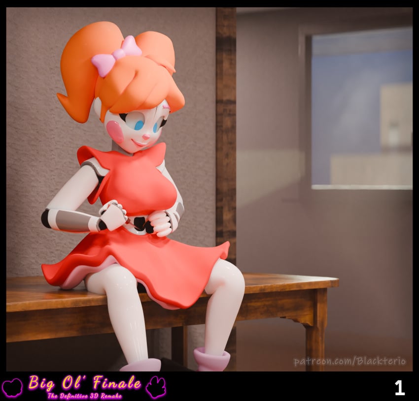 3d baby_(fnafsl) blackterio blender_(software) blue_eyes circus_baby circus_baby_(fnaf) closed_eyes female female/female five_nights_at_freddy's five_nights_at_freddy's:_sister_location fully_clothed jailbait_knight orange_hair red_skirt red_topwear sister_location white_body