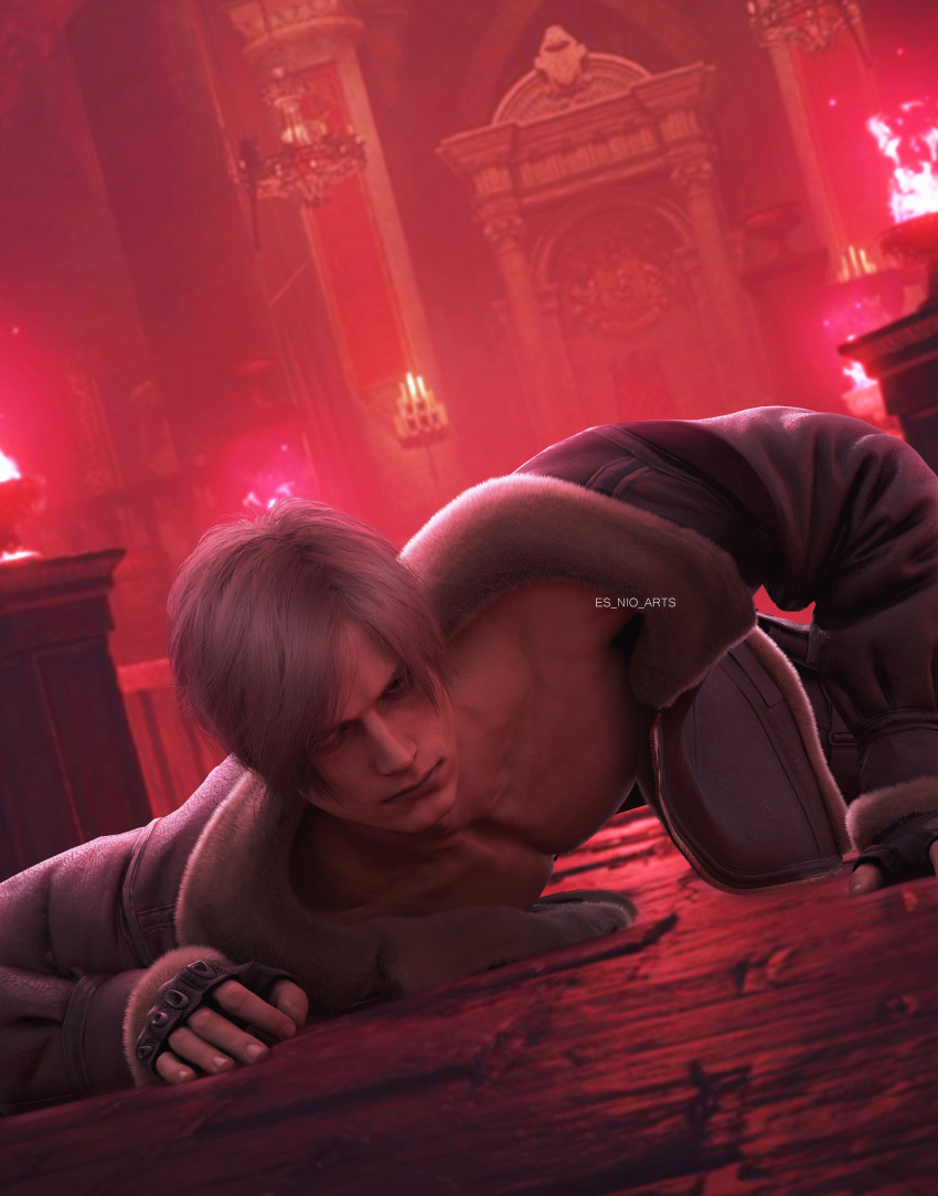 3d 3d_(artwork) 3d_model abs blonde_hair blue_eyes capcom chest es_nio_arts_(artist) exposed_torso getting_up indoors intense_stare jacket_open leon_scott_kennedy looking_at_viewer masculine resident_evil resident_evil_4 resident_evil_4_remake solo solo_focus solo_male