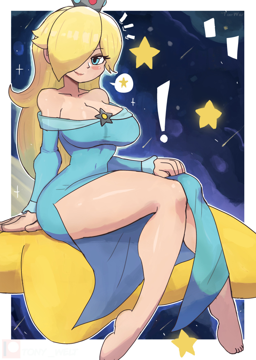 ! absurdres bad_feet barefoot blonde_hair blue_dress blue_eyes blush breasts cleavage collarbone crown dress eyeshadow female hair_over_one_eye highres knees_together_feet_apart large_breasts legs long_hair long_sleeves looking_at_viewer makeup mario_(series) off-shoulder_dress off_shoulder princess princess_rosalina shooting_star side_slit sitting sky smile solo space sparkle speech_bubble spoken_star star_(sky) star_(symbol) starry_sky super_mario_galaxy thighs tony_welt video_game_character video_games