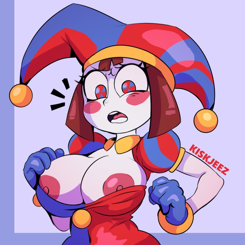 2023 blue_eyes blush breasts brown_hair cleavage female female_focus female_only gloves jester_hat kiskjeez nipples pomni_(the_amazing_digital_circus) purple_background red_eyes the_amazing_digital_circus white_body