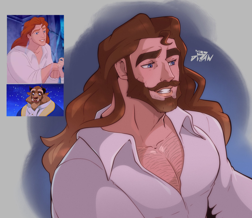 all_draw beast_(disney) beauty_and_the_beast big_pecs brown_hair chest_hair facial_hair fairy_tales male_only prince_adam_(disney) public_domain tagme