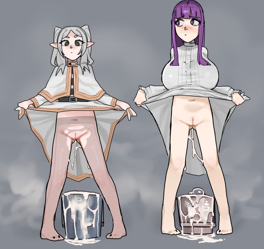 2girls after_anal after_sex belt black_belt black_stripes blush blushing bucket bucket_of_cum bucket_of_semen chair_san cum cum_bubble cum_bubbles cum_drip cum_dripping_from_ass cum_inside cum_leaking cum_leaking_down_leg cum_leaking_out_of_anus dress dress_lift dress_pull dress_up dripping_cum elf elf_ears elf_female elf_girl excessive_cum excessive_semen feet_apart female female_only fern_(sousou_no_frieren) flat_chest flat_chested frieren gray_background gray_hair green_eyes grey_background grey_hair hairless hairless_pussy high_res high_resolution highres large_breasts leaking_cum leaking_cum_from_asshole lifting_dress light-skinned_female light_skin looking_away looking_down multiple_girls musk musk_clouds musky only_female pantyhose pointy_ears purple_eyes purple_hair semen shaved_crotch shaved_pussy side_by_side small_breasts sousou_no_frieren standing standing_up stringy_cum striped_clothing striped_shirt torn_clothes torn_pantyhose white_hair white_robe white_stripes