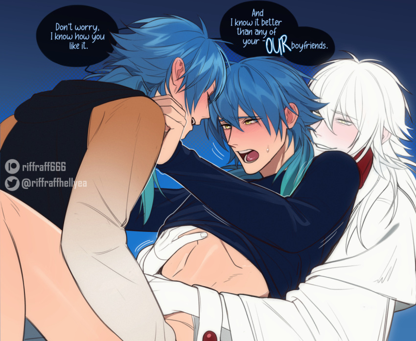 3boys aoba_seragaki blue_hair blush dialogue dramatical_murder english_text imminent_sex long_hair male male_only open_mouth partially_nude riffraff riffraffhellyea selfcest shiroba shirt_lift sweat threesome yaoi