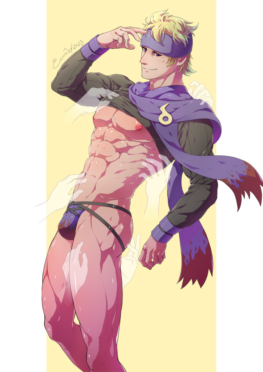 1boy abs blonde_hair evinist ghost_hands jockstrap male male_only morty_(pokemon) muscular muscular_male pecs pokemon