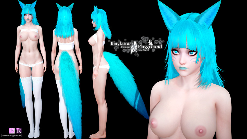 3d animal_ears animal_humanoid black_background blue_eyes blue_hair blue_lips blue_lipstick character_sheet face_markings female female_only fluffy_tail fox_ears fox_girl fox_humanoid fox_tail foxgirl hi_res high_resolution highres legwear lingerie multiple_poses neekumari only_female picture qr_code riaykuras_playground self_upload simple_background stockings tail white_legwear white_lingerie