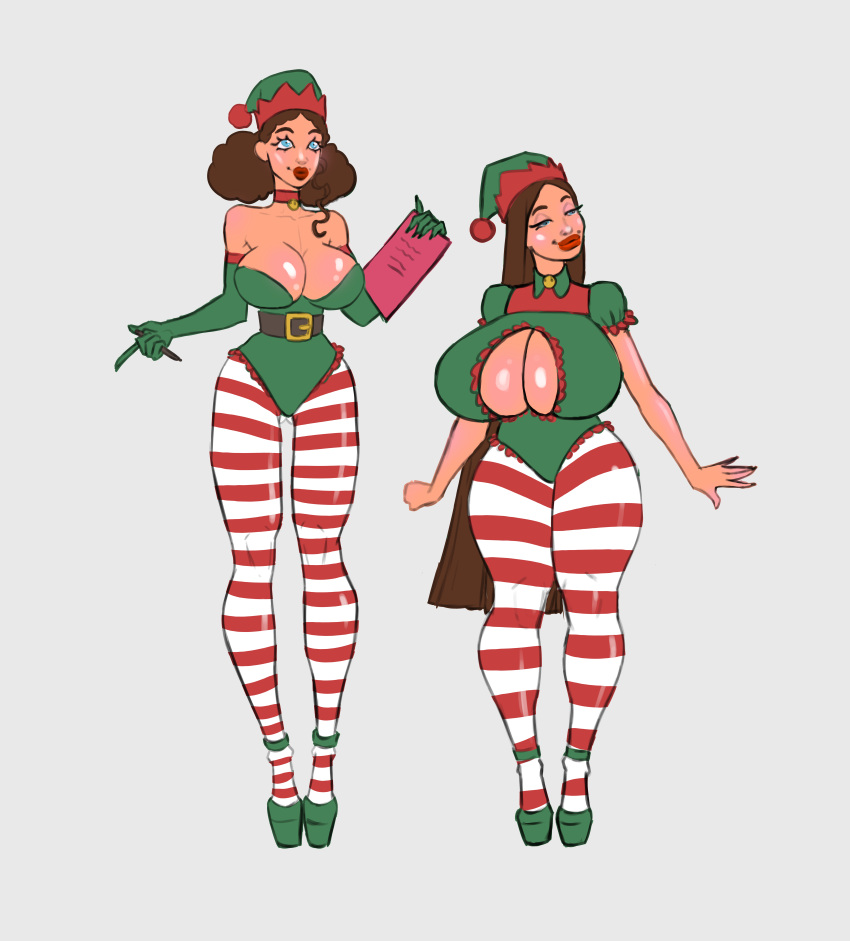 big_breasts bimbo brown_hair christmas elf pink_blue_23 santa_claus santa_suit sisters taller_girl two_girls