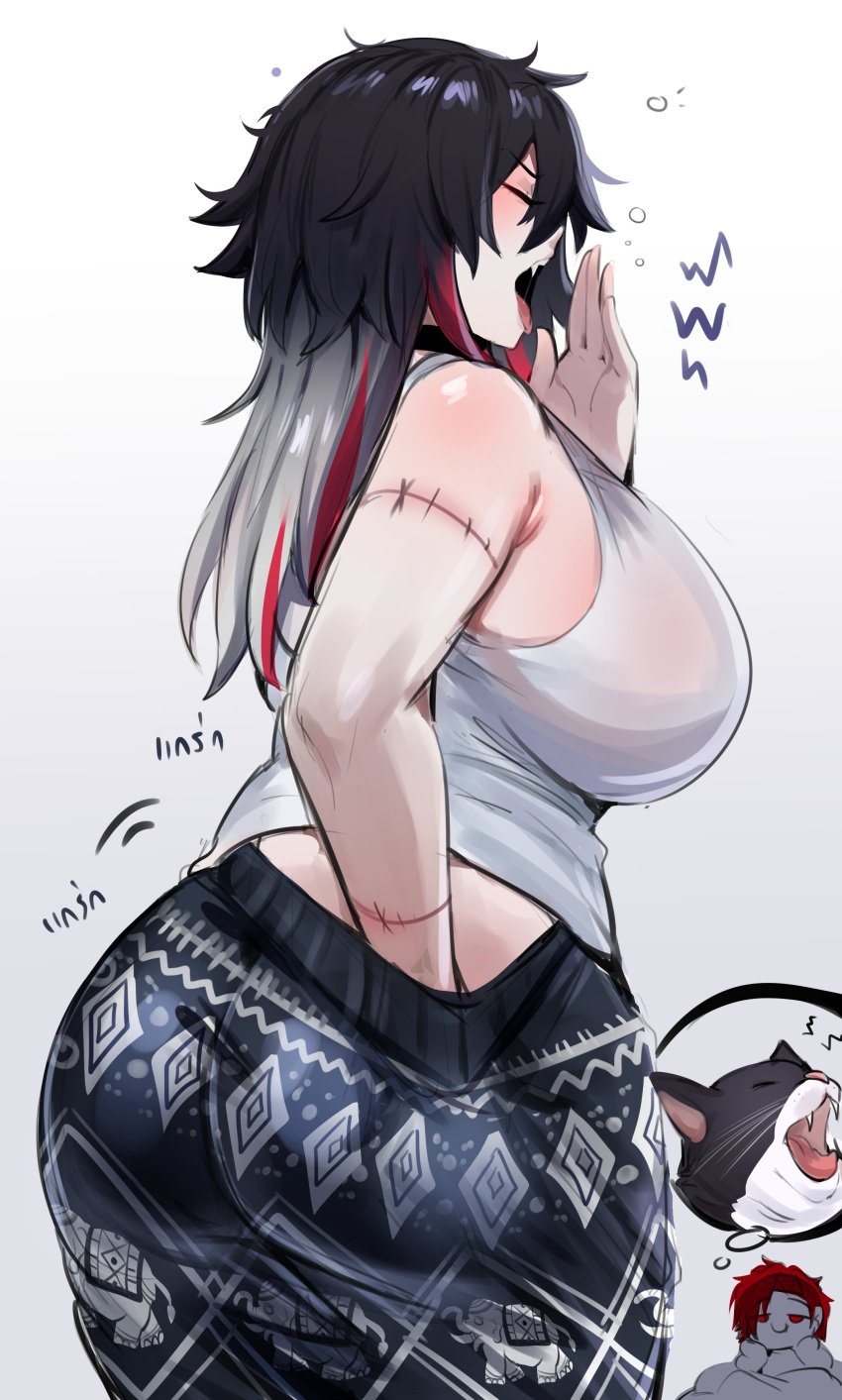 ass black_hair clothed clothed_female clothed_male couple heart_(kurenaiz) itching k_(kurenaiz) kurenaiz1 original red_hair scratching scratching_butt stiched stiches stiching waking_up yawn yawning