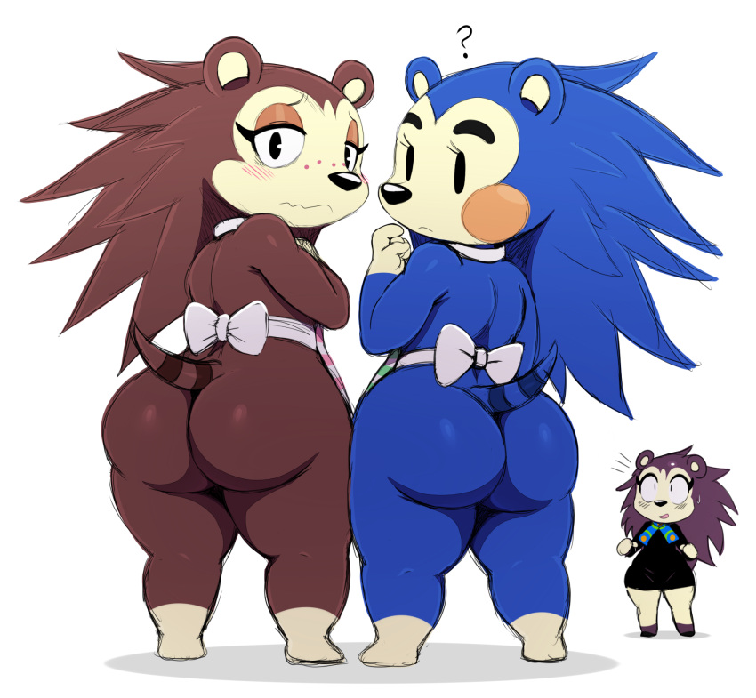 2017 ? animal_crossing anthro apron apron_only ass being_watched big_butt black_nose blue_body blue_fur blush brown_body brown_fur bubble_butt butt_focus clothed clothing eulipotyphlan female fur group hedgehog hi_res hip_to_hip labelle_able lineup looking_at_another looking_at_viewer looking_back mabel_able mammal mostly_nude nervous nintendo rear_view sable_able shortstack shy sibling side_by_side simple_background sister sisters sssonic2 standing thick_thighs video_games white_background