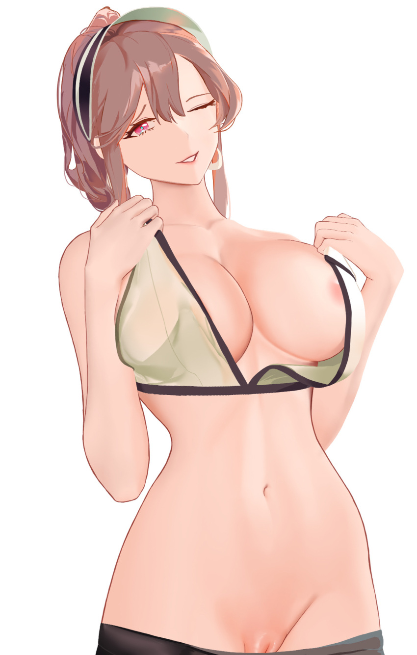 1girls alternate_costume areola areola_slip azur_lane belly_button breasts brown_hair cap cleavage clemenceau_(azur_lane) clemenceau_(splendid_breeze)_(azur_lane) earrings female female_only heavenlyfruits_(ōtō) huge_breasts inviting light-skinned_female light_skin looking_at_viewer nipple_bulge official_alternate_costume one_eye_closed pink_eye pussy pussy_peek removing_topwear seductive shorts simple_background solo teasing topwear undressing vichya_dominion_(azur_lane) visor visor_cap white_background wink