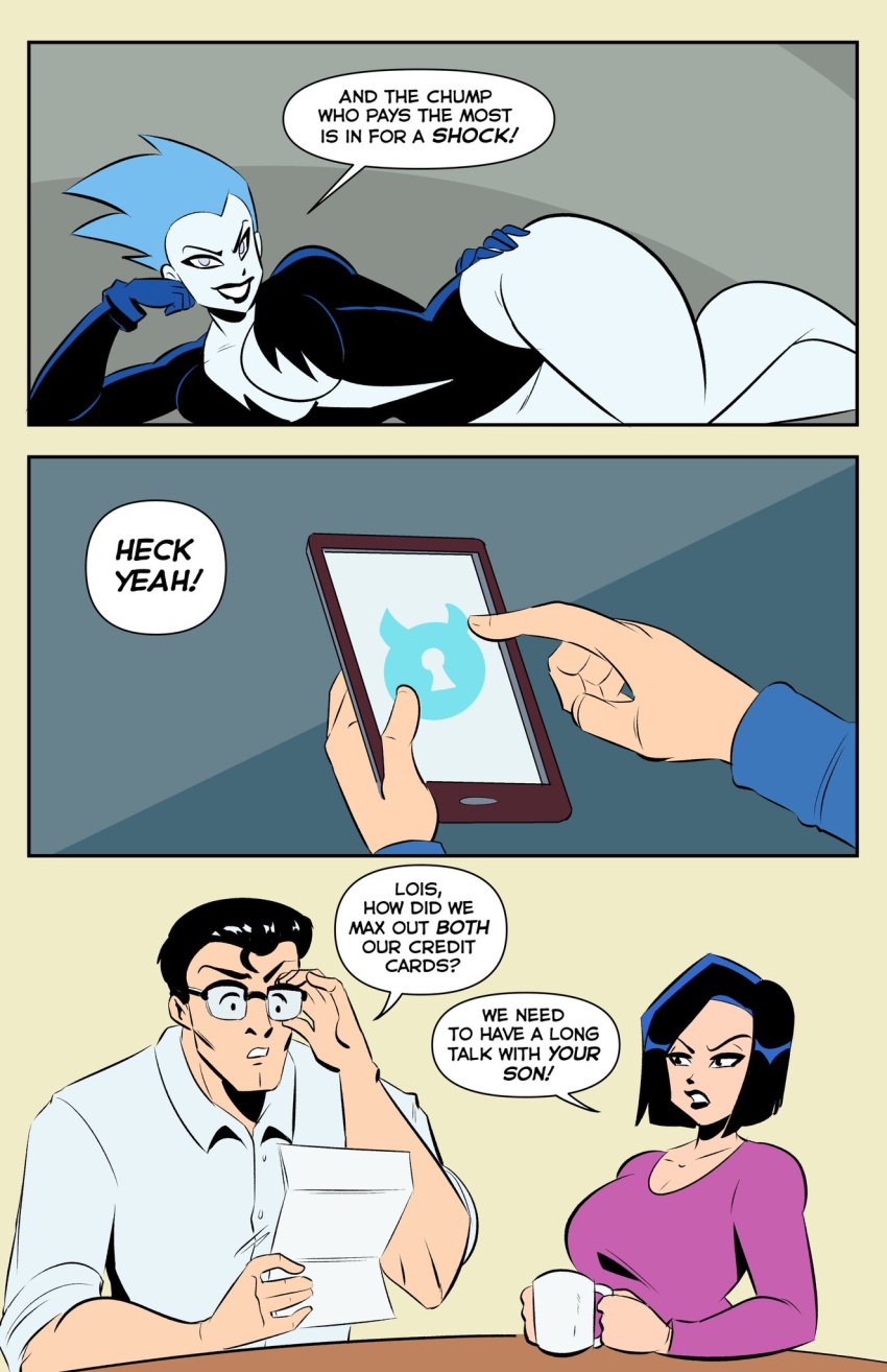 2boys 2girls adjusting_glasses angry angry_face big_breasts big_butt black_hair blue-skinned_female blue_body blue_hair blue_skin breasts buttoned_shirt clark_kent clothed clothing comic comic_page curvy curvy_figure dc dc_comics dcau digital_drawing_(artwork) digital_media_(artwork) female glasses glassfish hero hips humor ipad jon-el jonathan_kent kal-el legs leslie_willis light-skinned_female light_skin lips livewire lois_lane male married_couple onlyfans panels parents seductive_pose short_hair sleeves_pushed_up sleeves_rolled_up superboy superboy_(jonathan_kent) superhero superman superman:_the_animated_series superman_(clark_kent) superman_(series) supervillain supervillainess text thighs villain villainess waist white_shirt wide_hips