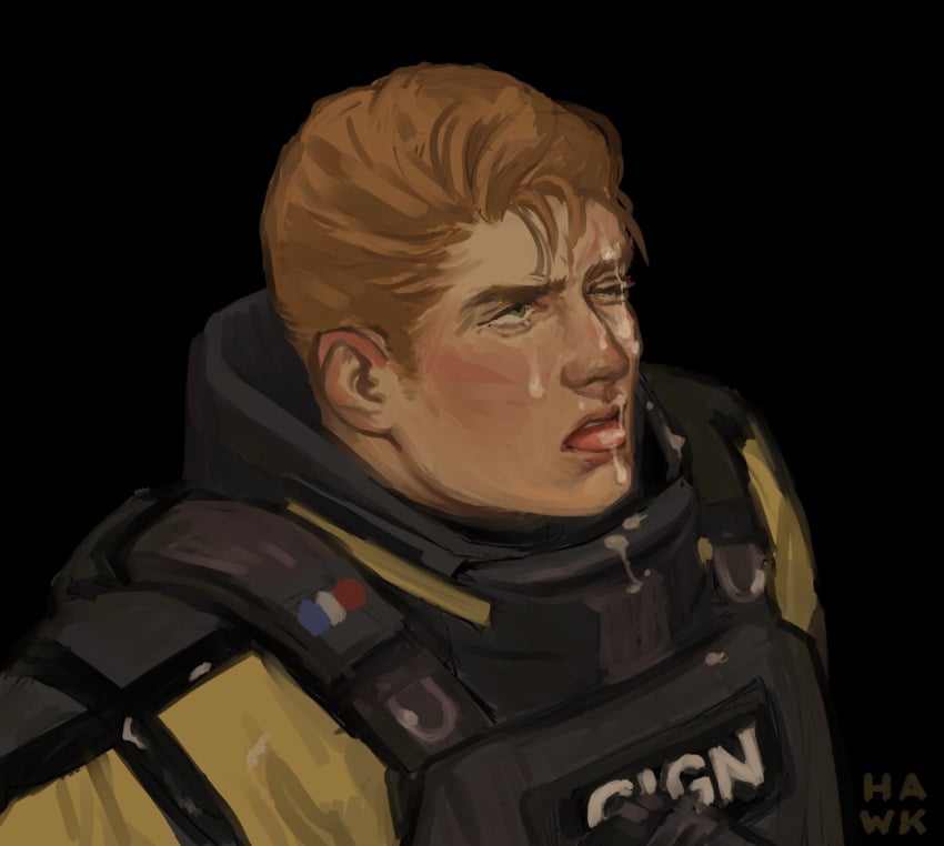 1boy cum_on_face gay lion_(rainbow_six) male male_only one_eye_closed rainbow_six rainbow_six_siege sokolyat solo solo_male unamused