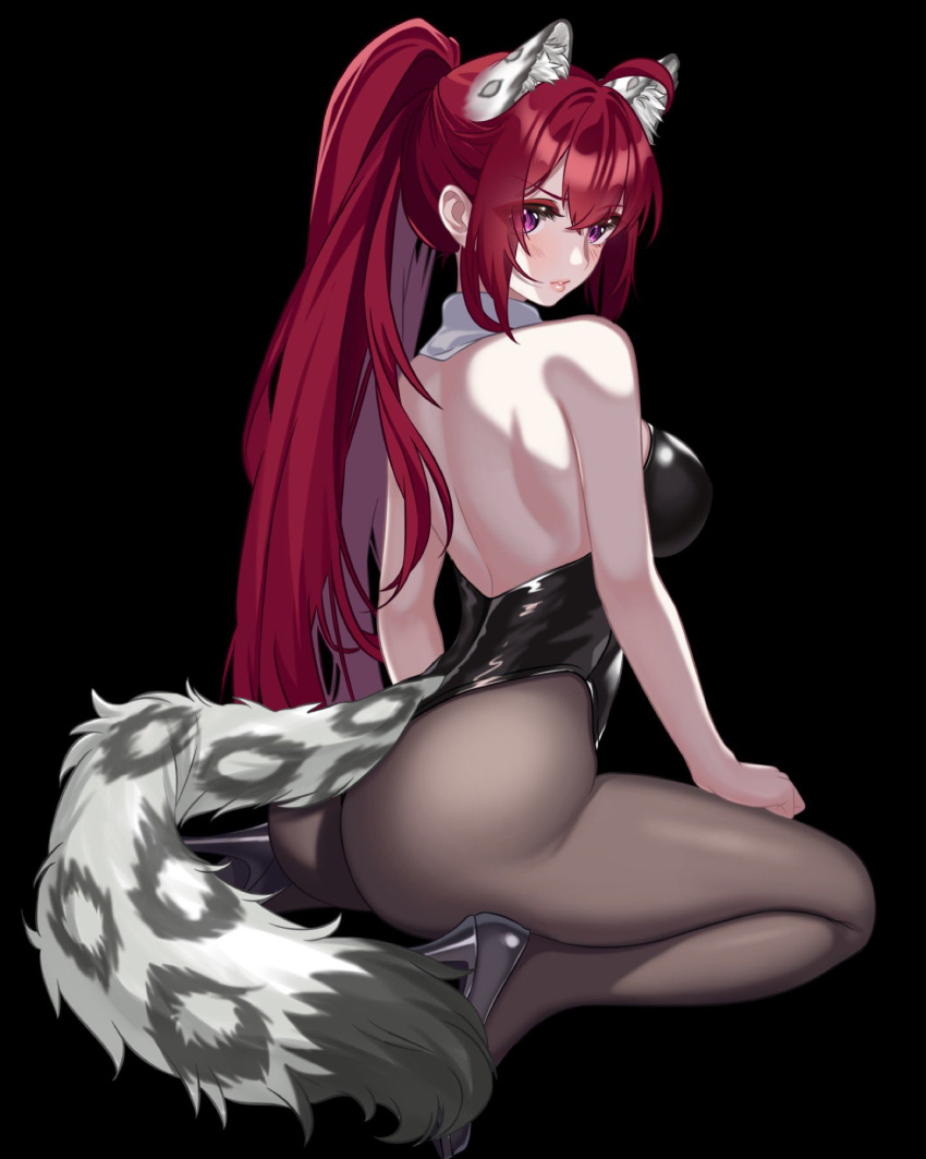 1girls ainannisa animal_ears ass black_background black_heels blush breasts bunnysuit clothed clothing elora_(elorapard) eyebrows_visible_through_hair female female_only heels huge_breasts indie_virtual_youtuber light-skinned_female light_skin looking_at_viewer ponytail purple_eyes red_hair simple_background snow_leopard_ears snow_leopard_girl snow_leopard_tail solo tail virtual_youtuber