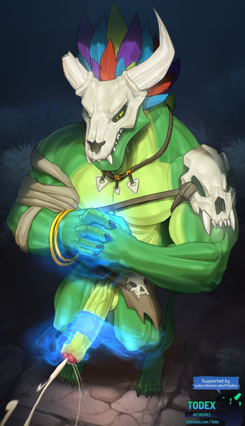 1boy 1male anthro balls biceps bodily_fluids bone boner bottomwear bottomwear_aside clothing clothing_aside cum ejaculation erection genital_fluids genitals hi_res lihzahrd lizard loincloth loincloth_aside male male_only mask muscular muscular_anthro muscular_male pecs penis reptile scalie skull skull_mask solo solo_male terraria todex vein veiny_penis witch_doctor_(terraria) yellow_eyes