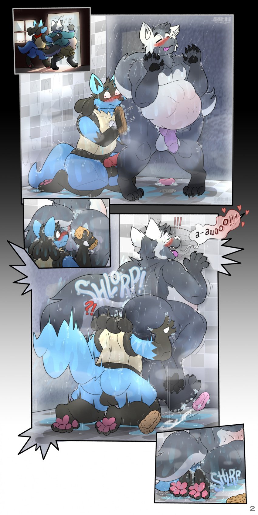 absurd_res anal anal_vore anthro ass balls belly big_belly big_butt blush bow_(bowhuskers) canid canine canis comic detailed_background duo generation_4_pokemon genitals hi_res holding_butt knot lucario male mammal nintendo noises pokemon pokemon_(species) shower sponge trpcafterdark vore wolf