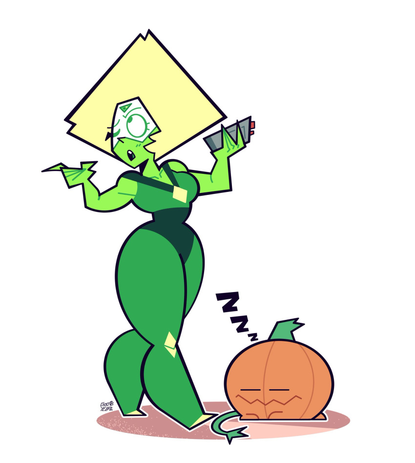 breasts gem gem_(species) goodbyellow green_eyes green_skin holding_object onesie peridot_(steven_universe) pumpkin steven_universe tagme thick_thighs wide_hips