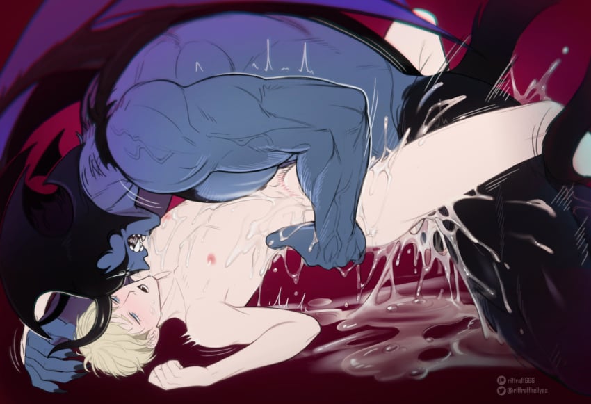 2boys akira_fudou big_arms big_dom_small_sub blonde_hair blue_body blue_eyes blush color cum cum_everywhere cum_in_ass cum_on_body demon_boy demon_horns devilman devilman_crybaby male/male male_only muscular_humanoid riffraff riffraffhellyea ryo_asuka sharp_fingernails sharp_teeth sweat tail teratophilia vein wings