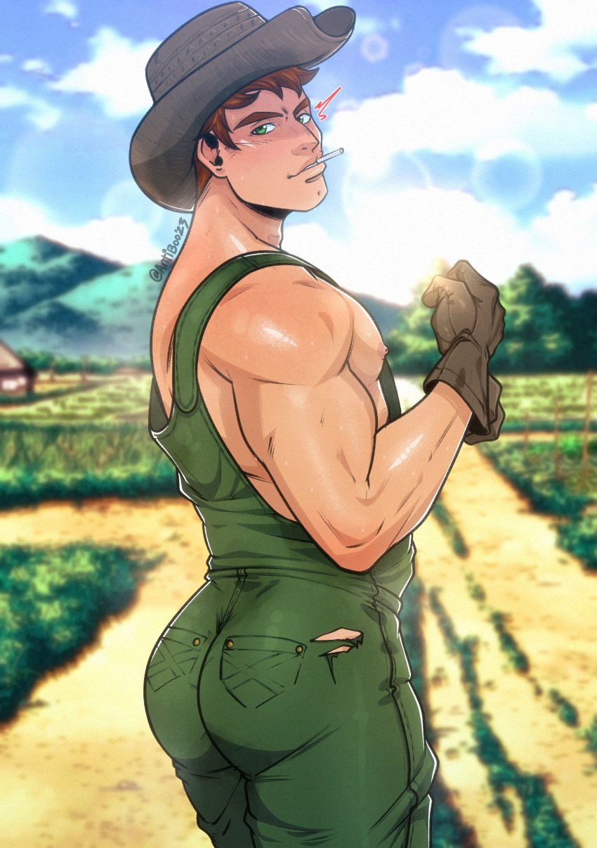 1boy alex_(stardew_valley) antibooart ass athletic_male brown_hair farmer gay green_eyes looking_at_viewer male_only muscular_male overalls stardew_valley tagme view_from_back