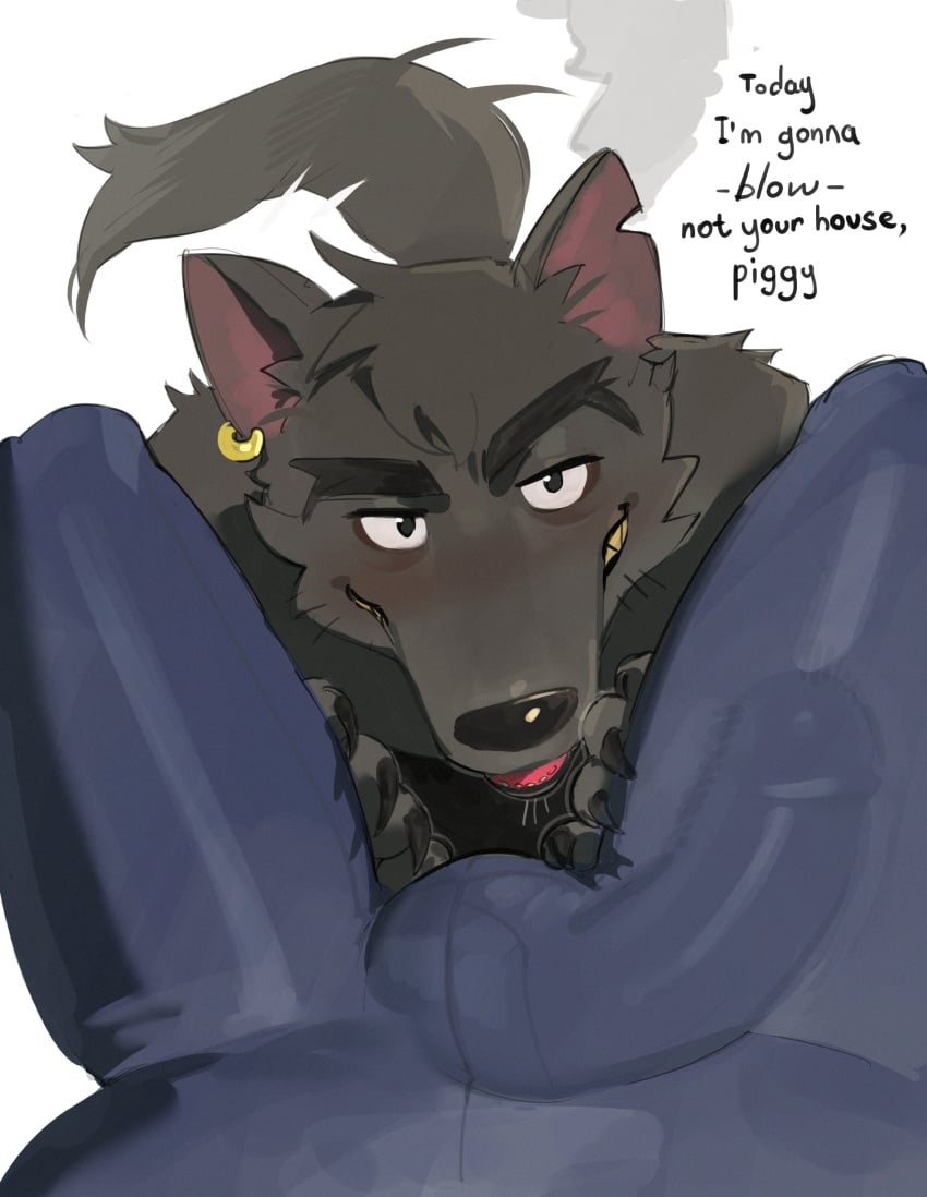 absurd_res anthro big_bad_wolf black_body black_fur blush bottomwear bulge canid canine canis clawed_fingers clothed clothing detailed_bulge dialogue duo ear_piercing ear_ring erection erection_under_clothing eyebrows fairy_tales first_person_view fur gay hi_res kogito male male/male mammal notched_ear pants piercing ring_piercing snout tail teeth wolf yellow_teeth