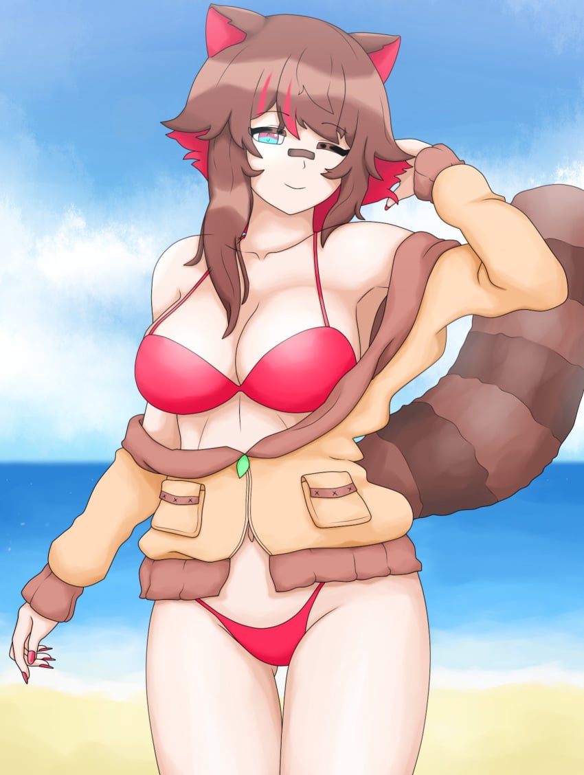 1girls ale_131 beach big_breasts bikini brown_hair cleavage clouds day female female_focus female_only hi_res highres latam_virtual_youtuber light-skinned_female light_skin looking_at_viewer ocean one_eye_closed racoon_ears racoon_girl racoon_tail rakkun red_bikini red_nails short_hair smiling smiling_at_viewer solo standing summer swimsuit thong_bikini two_tone_hair virtual_youtuber vtuber vtuberfanart