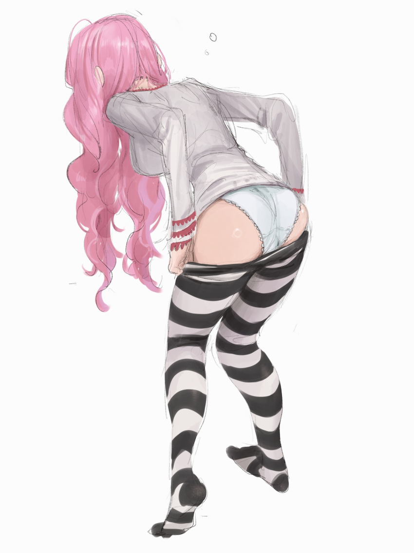 1girls ass casual clothes_pull dressing feet female female_only from_behind full_body one_piece panties pantyhose pantyhose_pull perona pink_hair pre-timeskip solo striped striped_legwear underwear urasanmyaku wavy_hair white_panties