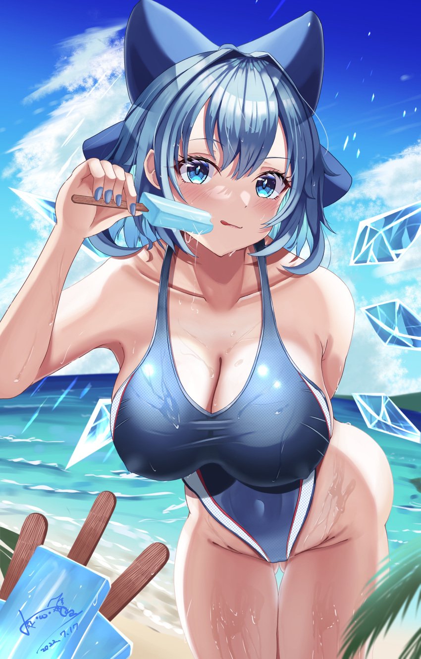 1girls beach big_breasts blue_eyes blue_hair blue_nail_polish blue_nails breasts cirno cleavage detailed_background fairy fairy_wings hossy light-skinned_female popsicle sideboob sky solo solo_female thick_ass thick_hips thick_thighs thighs tongue_out touhou wet