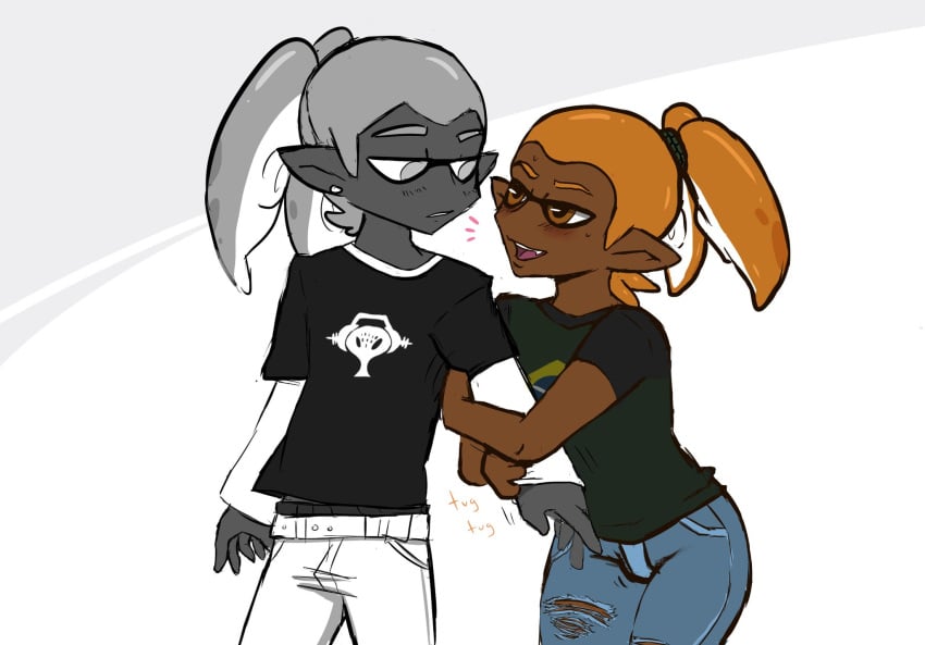 2019 2boys 2d blush brown_eyes clothed dark_skin fangs gay grey_body grey_eyes grey_hair horny inkling inkling_boy jeans kloseddoors male male_only open_mouth orange_hair pants pointy_ears ponytail pulling pulling_arm seductive shirt simple_background splatoon sweat sweatdrop t-shirt tentacle tentacle_hair tied_hair torn_clothes torn_pants white_background yaoi