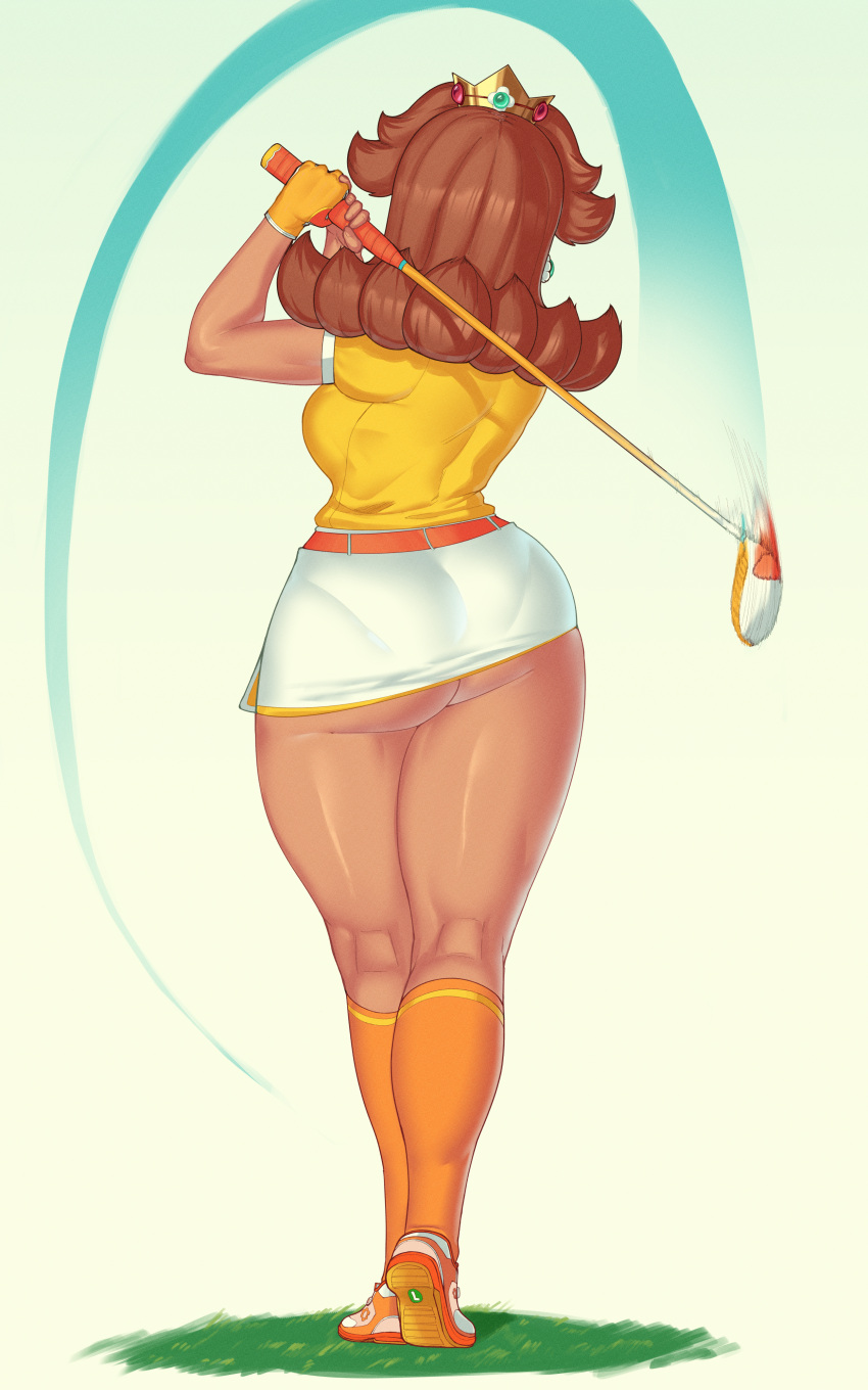 1girls ass big_ass bimbo breasts brown_hair butt_crack dat_ass facing_away female golf golf_club legs_together mario_(series) mario_golf minishorts nintendo pantylines pokko_(artist) princess_daisy shorts solo solo_female standing thick_thighs thighs underbutt upskirt