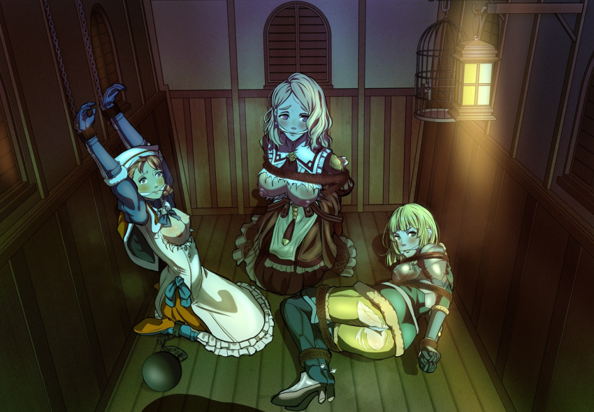 3girls alternate_costume alternate_hairstyle angry annette_fantine_dominic arms_behind_back arms_up ass ball_and_chain bangs barefoot big_ass bird_cage blonde_hair blue_eyes blush bondage bound braid breasts breasts_out cage captured chains dress earrings elbow_gloves exposed_breasts female female_only femsub fire_emblem fire_emblem:_three_houses frown gag gloves green_eyes hat heavy_breathing high_heels indoors ingrid_brandl_galatea kneeling kou_(spad7u59) lamp large_ass large_breasts looking_at_viewer medium_breasts medium_hair mercedes_von_martritz multiple_girls musk nintendo nipples official_alternate_costume official_alternate_hairstyle panties pants party_wipe restrained rope rope_bondage scared steaming_body thighs torn_clothes underwear white_panties window yellow_hair