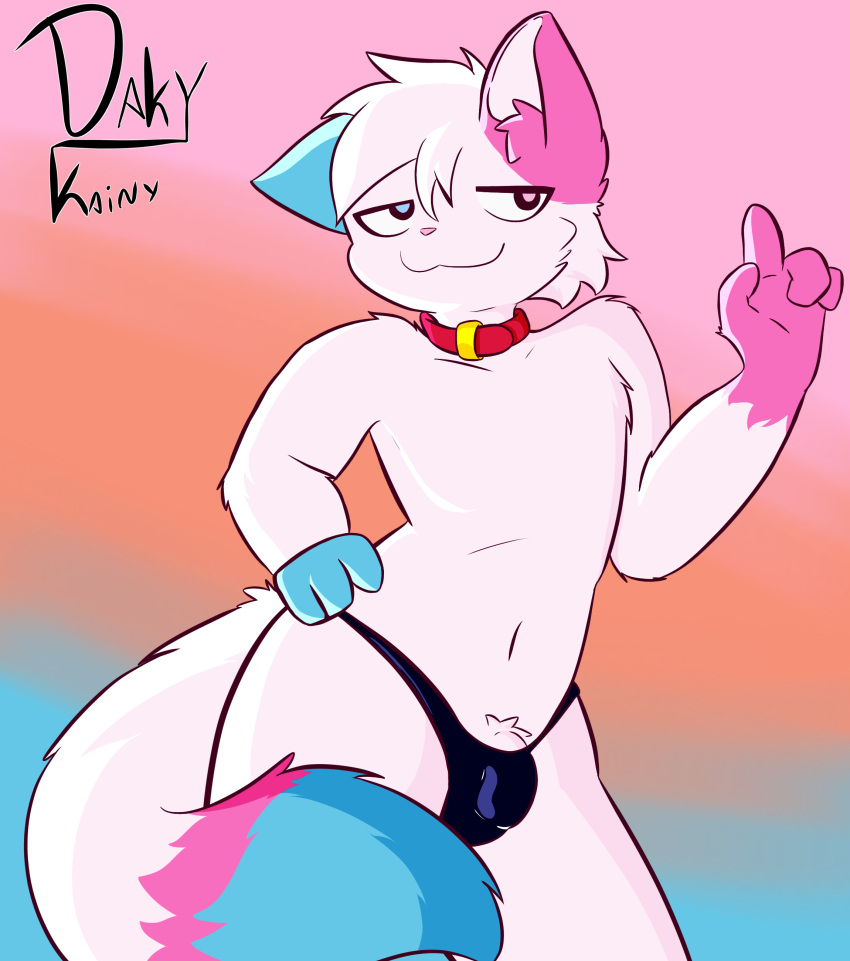 absurd_res anthro blue_body blue_fur bulge clothing collar daky_kainy detailed_bulge dipstick_tail domestic_cat felid feline felis fur genitals hi_res male mammal markings penis penis_base pink_body pink_fur solo tail tail_markings underwear white_body white_fur