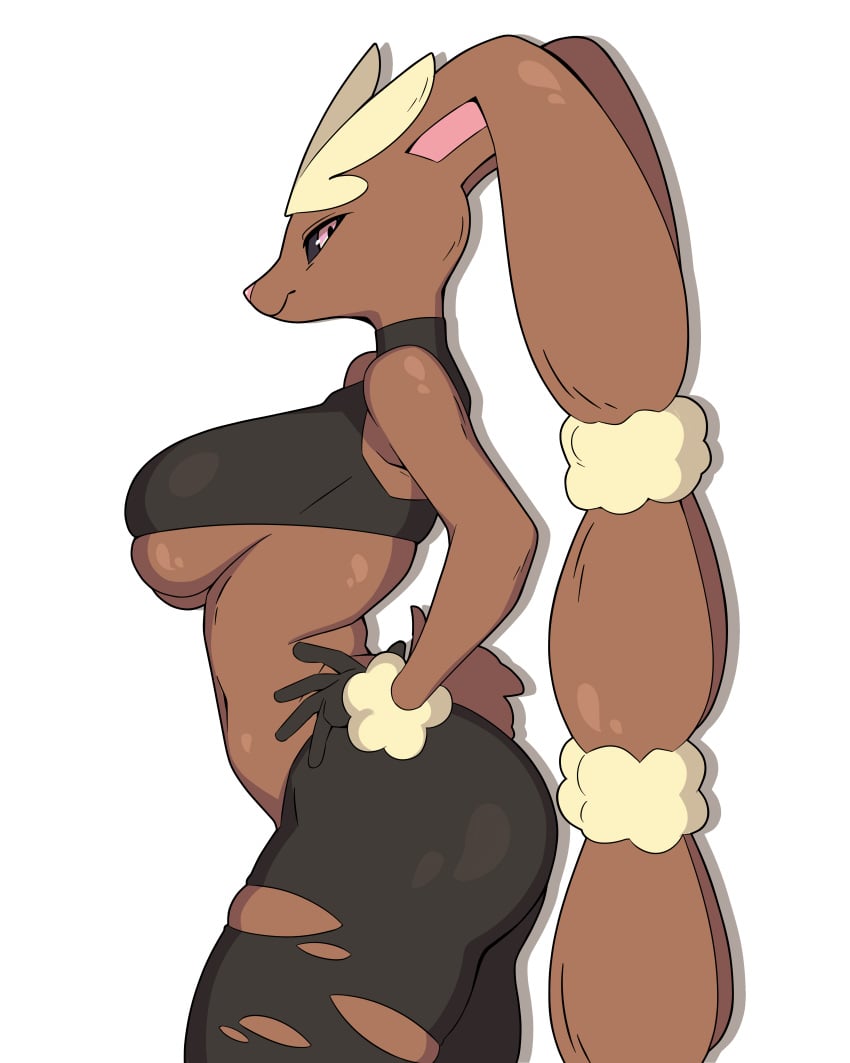 1furry 1girls breasts brown_body brown_fur brown_skin bunny bunny_ears bunny_girl female female_only fur furry furry_female furry_only looking_at_viewer lopunny mega_evolution mega_lopunny pink_eyes pink_nose pokemon pokemon_(species) potatoartox potatoartx0 simple_background sports_bra thick_thighs