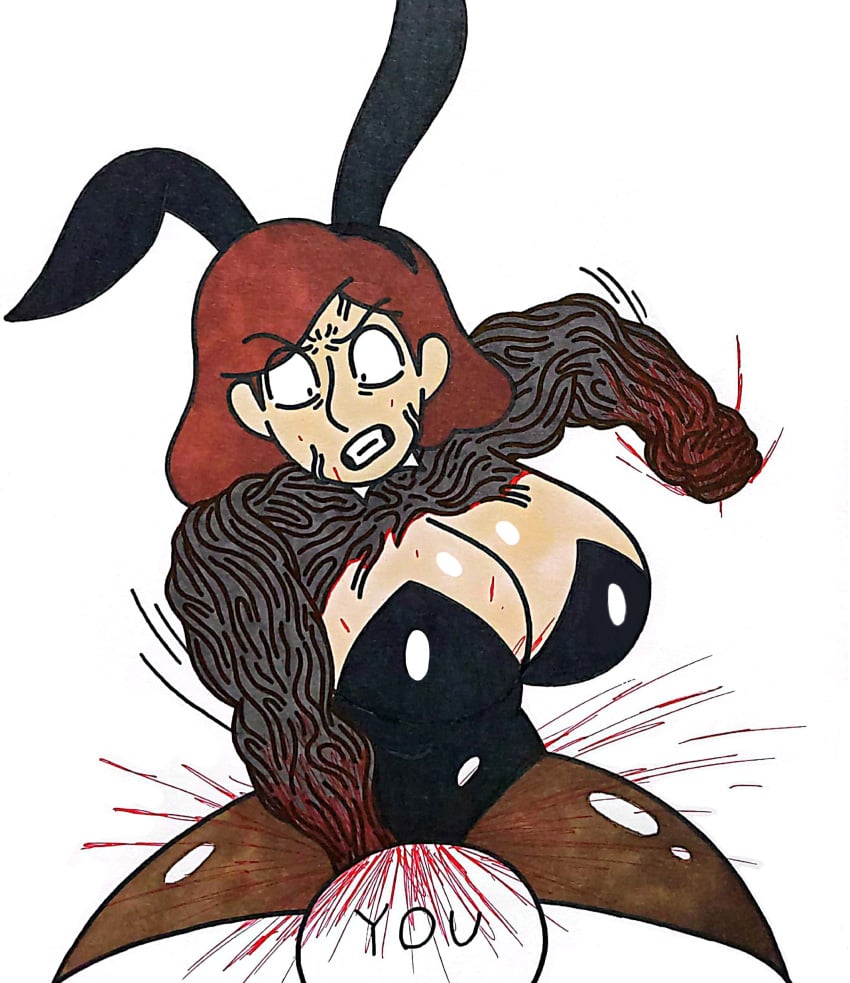 big_breasts black_eyes blood blood_stain breasts brown_hair bunny_costume bunnysuit haggardnanachi hilda_(series) johanna_(hilda) large_breasts light-skinned_female light_skin muscular_female punch punching