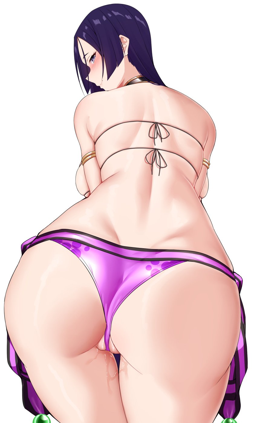 absurdres arind_yudha ass back_view backboob bikini blush breasts closed_mouth fate/grand_order fate_(series) female highres large_breasts long_hair looking_at_viewer looking_back minamoto_no_raikou_(fate) minamoto_no_raikou_(swimsuit_lancer)_(fate) partially_visible_vulva purple_bikini purple_eyes purple_hair pussy_juice simple_background smile solo swimsuit thighs white_background