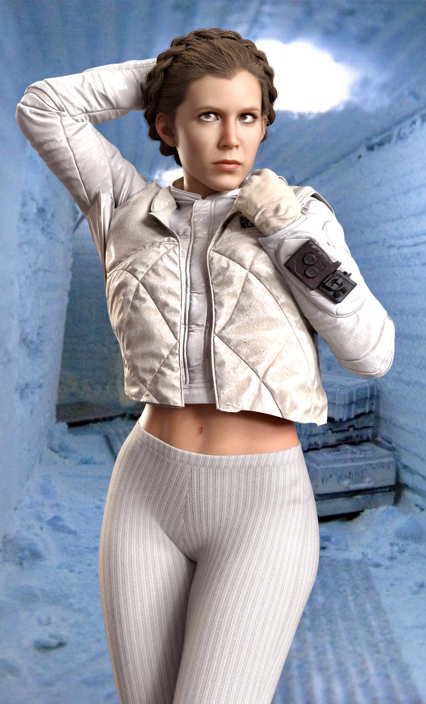 1female 1girls 3d 3d_(artwork) actress agent_4_tea_se7en blender blender_(software) brown_eyes brown_hair bun bun_hair carrie_fisher celebrity cropped_jacket echo_base female female_focus female_only fit fit_female girly hand_on_head hoth ice_cave leggings lucasfilm midriff midriff_peek pinup pinup_girls pinup_pose posing posing_for_the_viewer princess princess_leia_organa real_person render short_hair snow solo solo_female star_wars the_empire_strikes_back tight_pants tummy white_clothing white_jacket white_leggings white_legwear white_pants white_yoga_pants winter_clothes winter_jacket yoga_pants