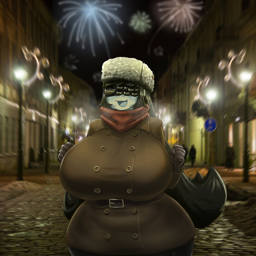 1girls belt blurry_background female fireworks happy hat huge_breasts jacket kalmoire lantern light monster_girl night open_mouth original rami_(kalmoire) raminta_ziuretaite scarf smile solo spider spider_girl street voluptuous w_arms wide_hips