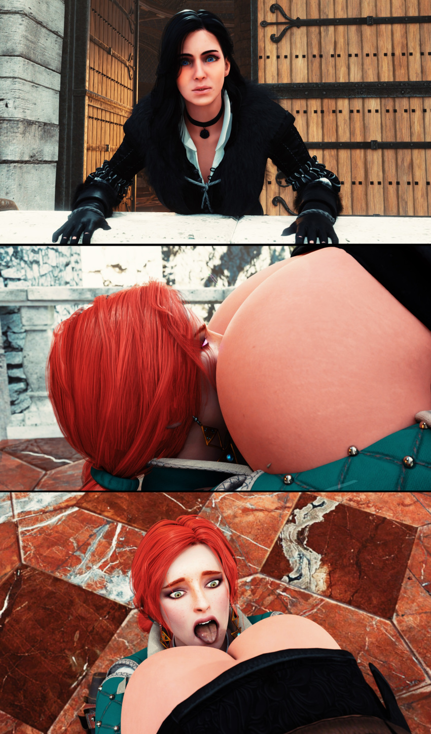 2girls 3d anilingus ass ass_eating ass_lick big_ass black_hair bottomless crackedorb eating_ass female licking_ass light-skinned_female red_hair rimjob rimming the_witcher_(series) the_witcher_3:_wild_hunt triss_merigold yennefer yuri