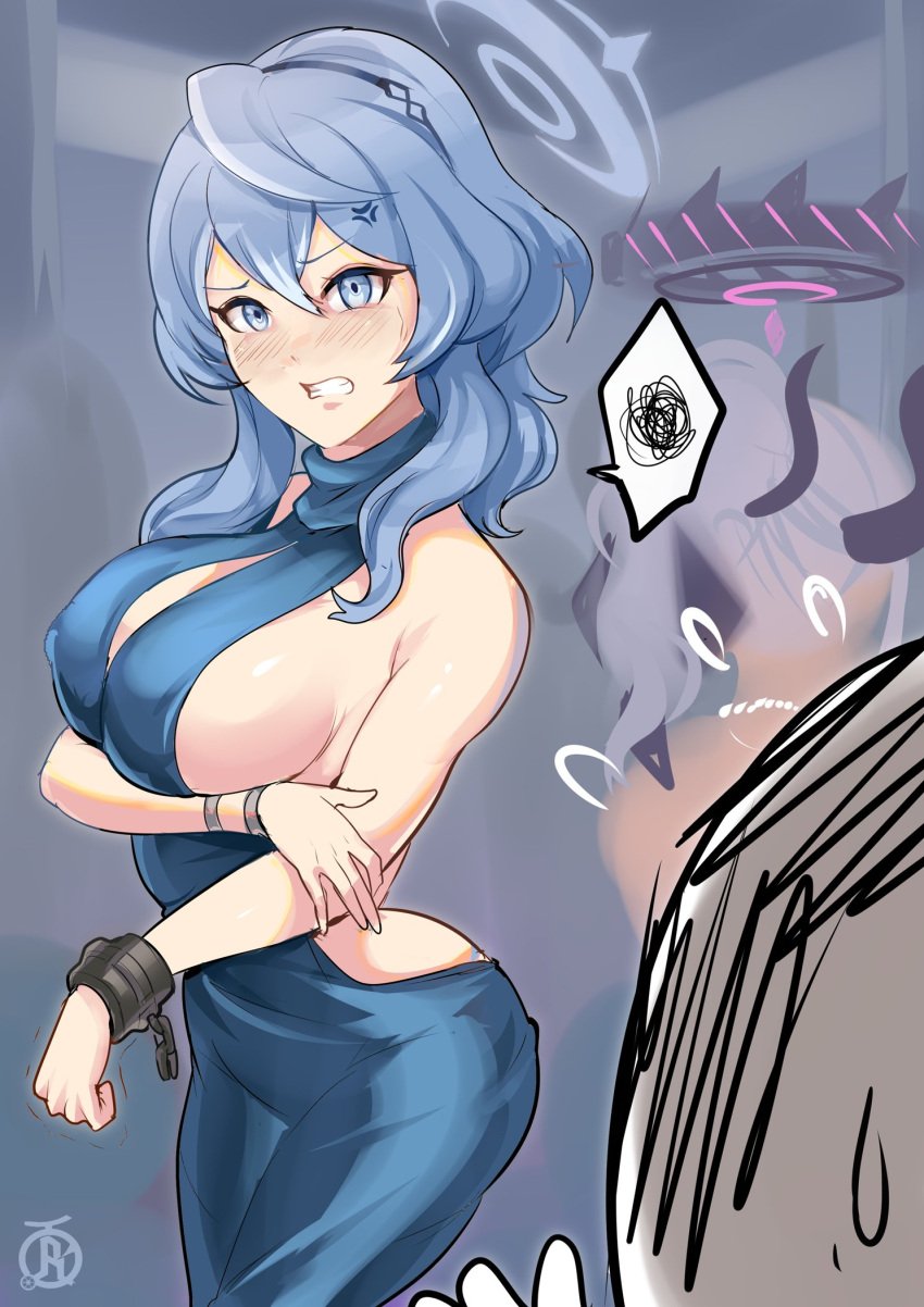 1girls ako_(blue_archive) angry angry_face arona's_sensei_doodle_(blue_archive) big_breasts blue_archive blue_eyes blue_hair blush blushing breasts dress embarrassed exposed_ass exposed_breasts female gehenna_academy_student halo highres hina_(blue_archive) hina_(dress)_(blue_archive) huge_ass huge_breasts large_breasts light-skinned_female light_skin looking_at_viewer nipples prefect_team_(blue_archive) revolverwingstudios sensei_(blue_archive) short_hair thighs turtleneck wide_hips