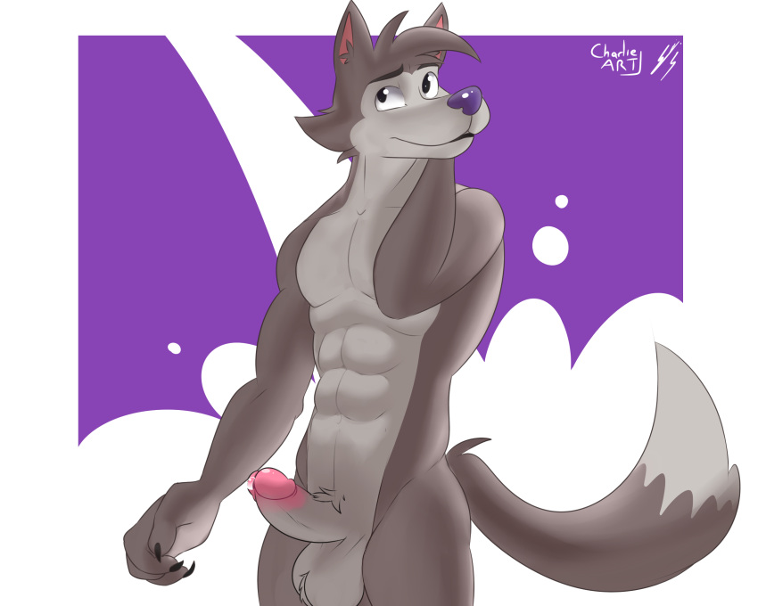 5:4 abs anthro balls bodily_fluids canid canine canis charlieleobo chip_the_wolf cookie_crisp digital_media_(artwork) erection fingers fur genital_fluids genitals hair hi_res humanoid_genitalia humanoid_penis male male_only mammal mascot muscular muscular_anthro muscular_male nude penis precum simple_background smile solo wolf