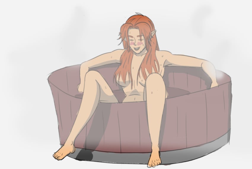 1girls artist_request bath bathing breasts closed_eyes colored completely_nude completely_nude_female covered_nipples hair_over_breasts hylian hylian_ears lower_body_out_of_frame malon medium_breasts nude nude_female ocarina_of_time pointy_ears red_hair relaxing steam the_legend_of_zelda underboob